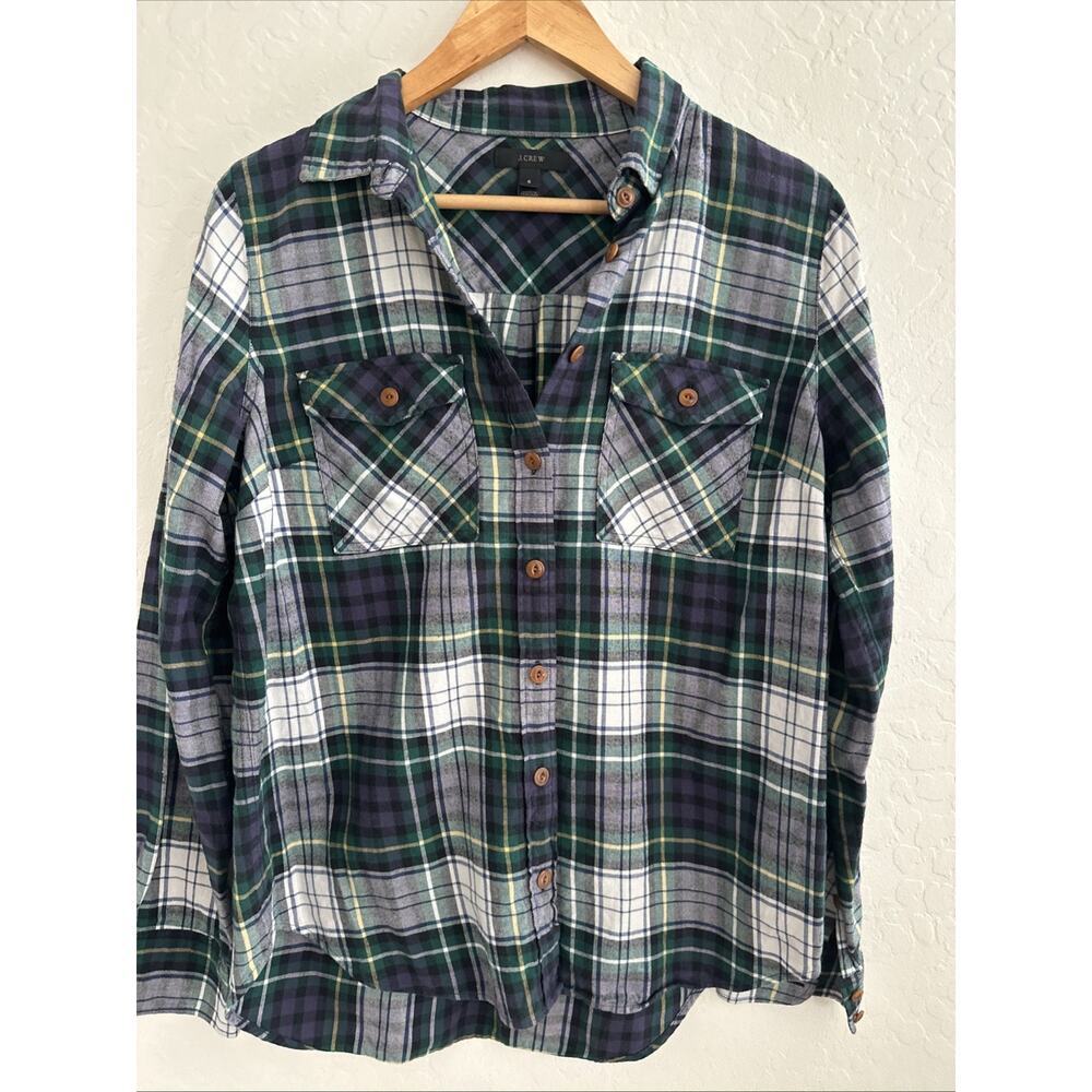 J. Crew Women's Ridge Tartan Plaid Flannel‎ Blue Green White Boyfriend Shirt 6